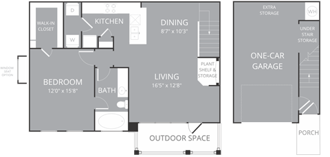 Floor plan for 1 bed, 1 bath, 907 sqft